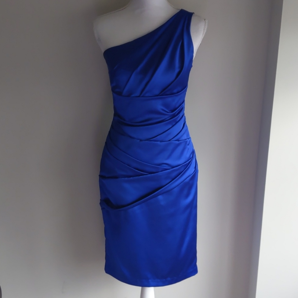 Davids Bridal Blue One Shoulder Bridesmaid Dress 2
